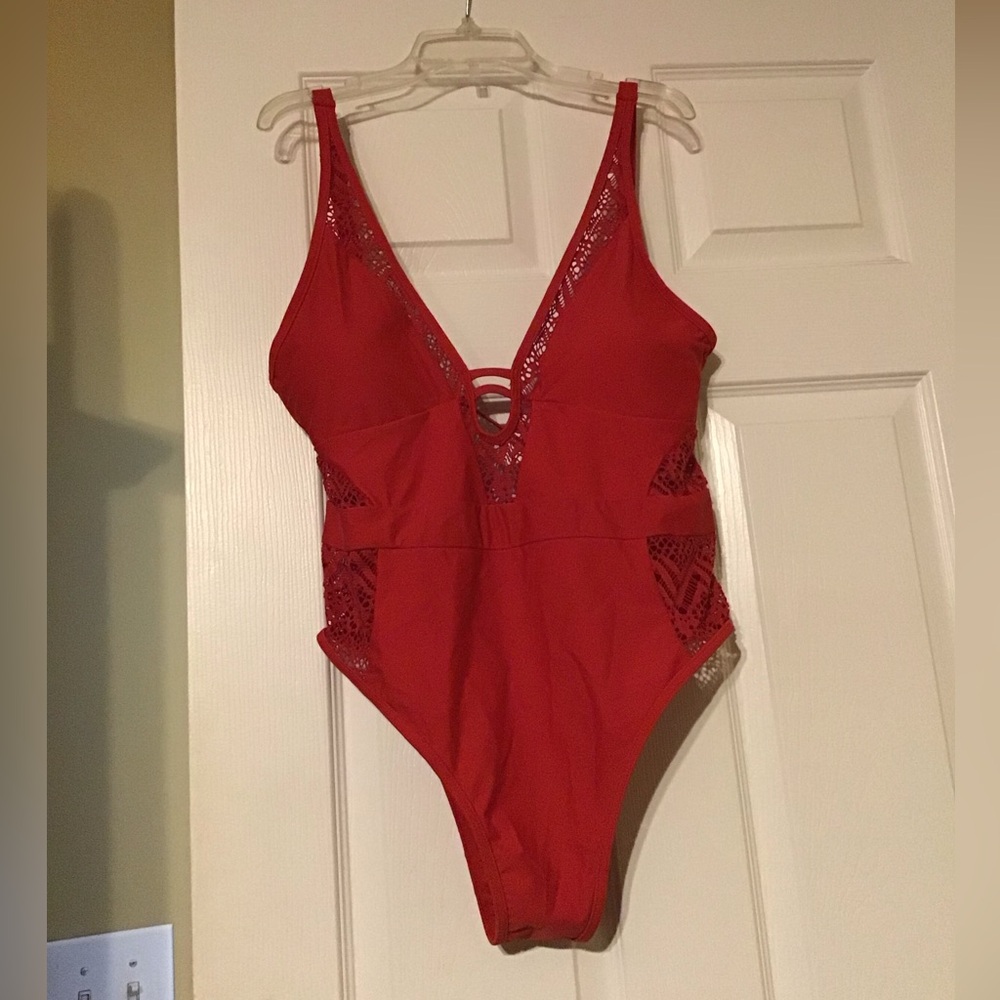 Red Lace One-Piece Swimsuit-XL